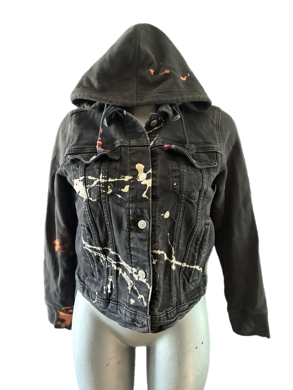 Leviās Black Custom Bleached Splatter Tie-Dye Hooded Denim Jacket Grunge